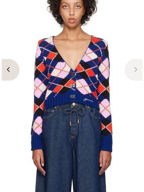 Ganni Argyle V-Neck Cropped Sweater - Blue, Pink, Red